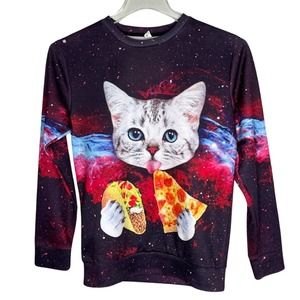 Galaxy Cat‎ Shirt Womens Small Purple Multi Taco Pizza Allover Print Fun Novelty